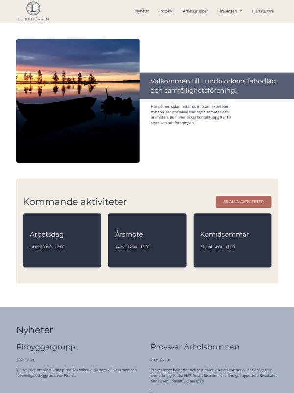 Screenshot av Lundbjörkens fäbodlags hemsida.